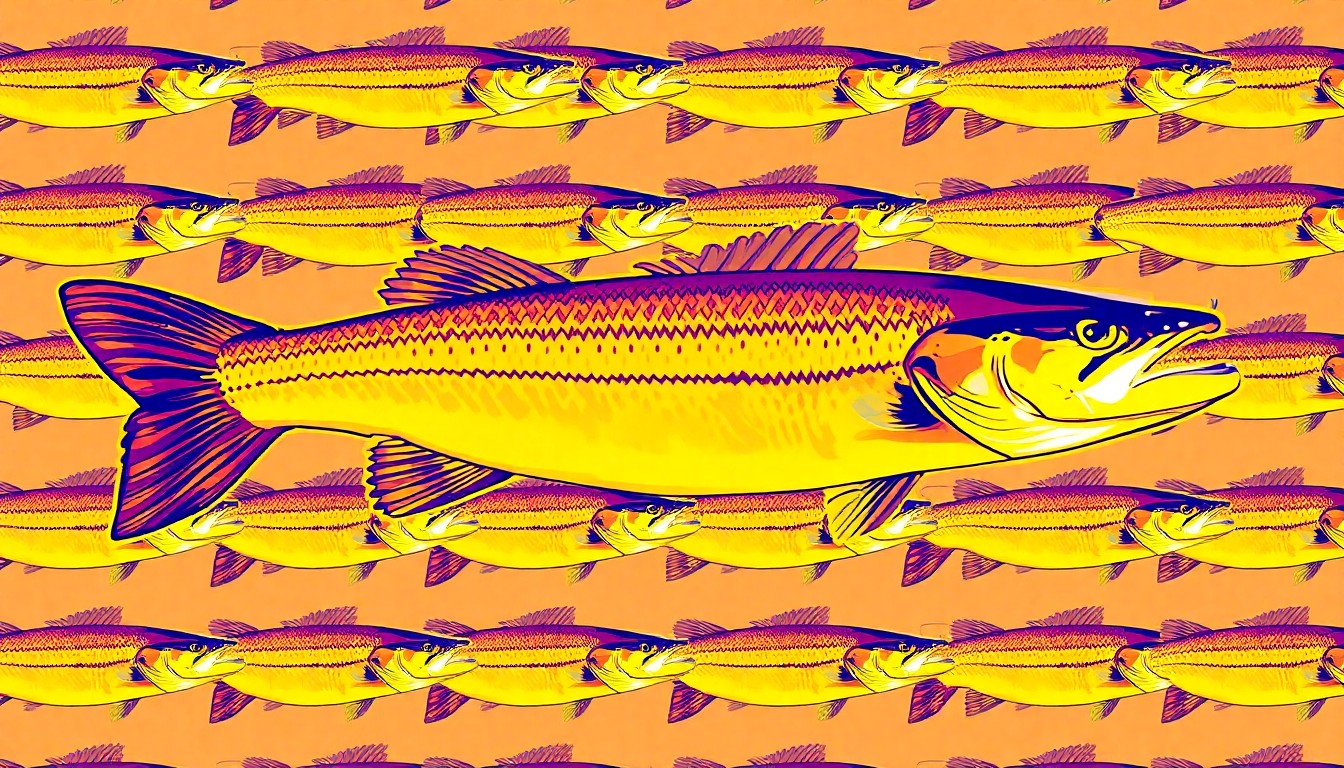 A bold, colorful silkscreen-style illustration of a musky fish repeated in a grid pattern, conceptually representing the iconic game fish that the Spooner hatchery works to raise and stock in local waterways.