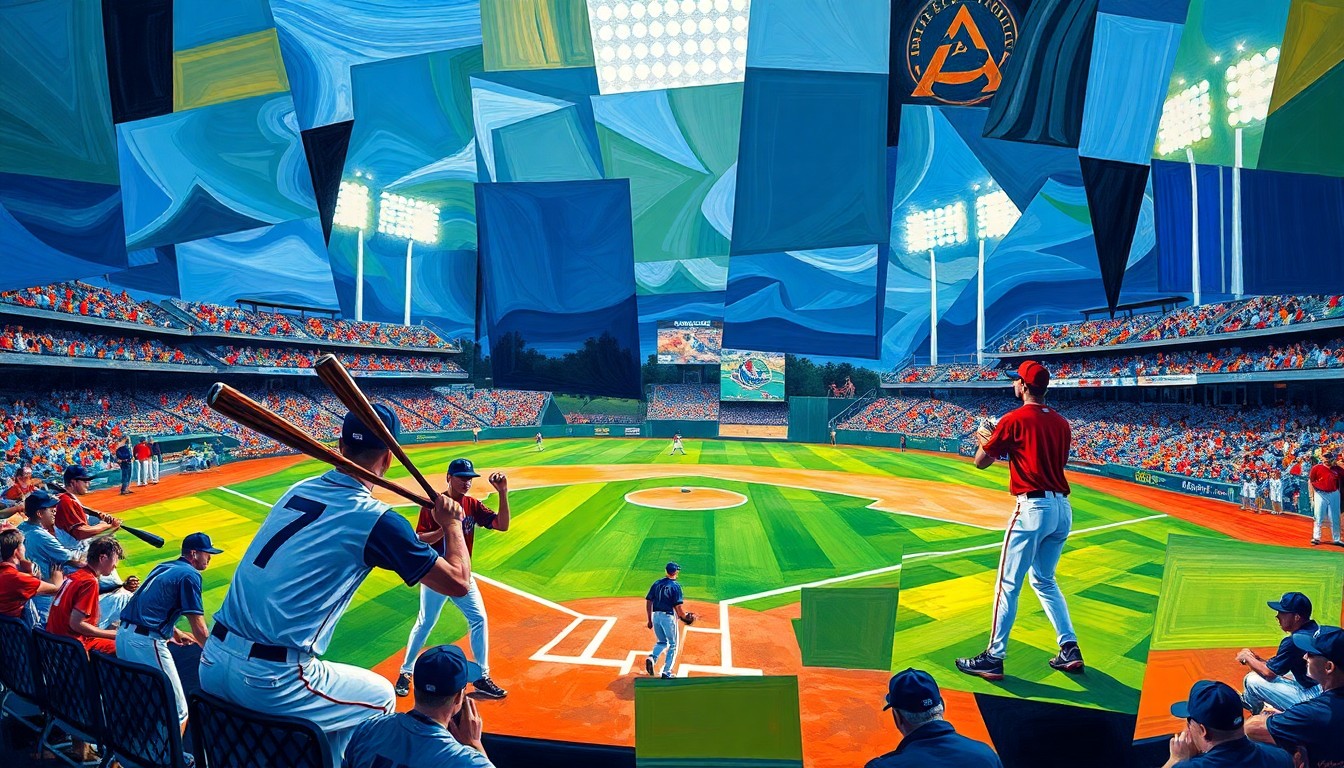 A fragmented, geometric painting depicting the chaotic final plays of a high school baseball game, with players, bats, and the field blended into overlapping planes of vibrant color.