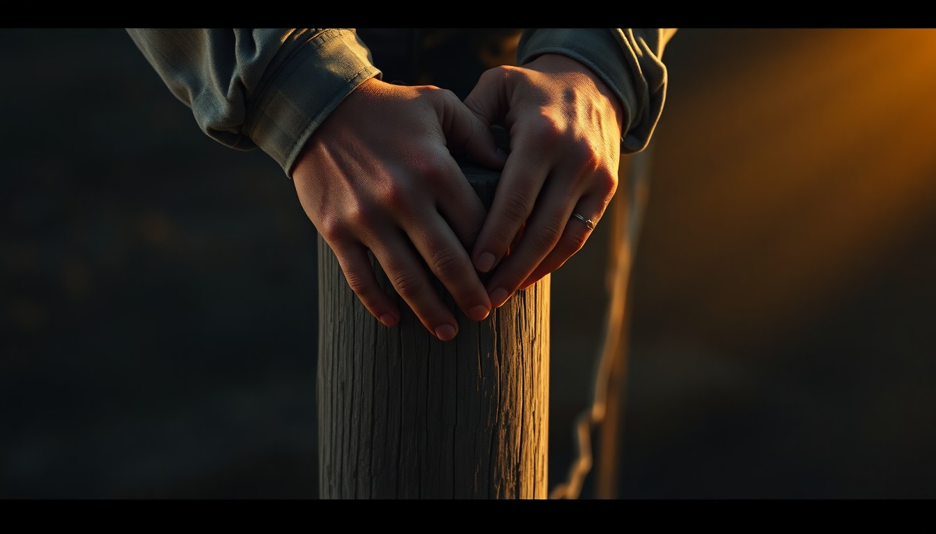 A close-up painting of a weathered, calloused hand resting on a wooden fence post, with warm, golden light and deep shadows creating a contemplative, nostalgic mood.