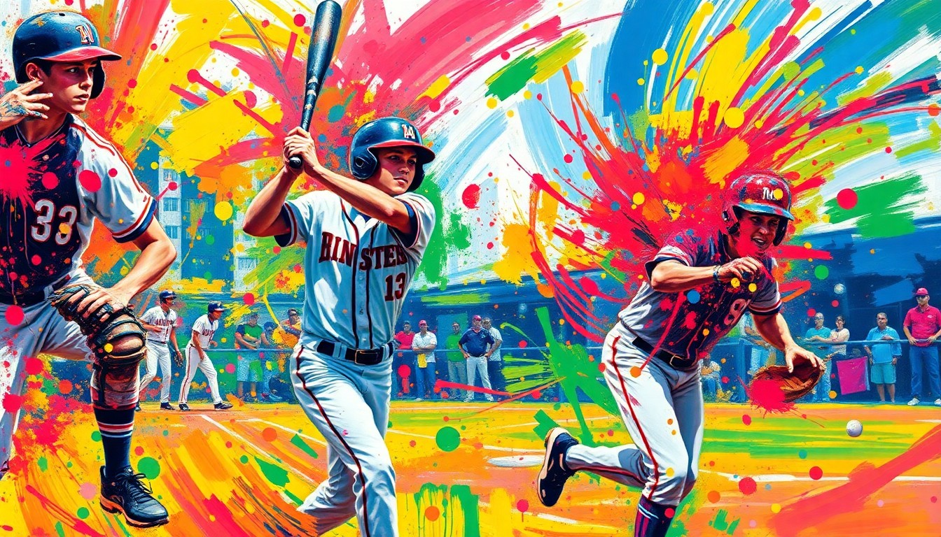 An abstract expressionist painting in vibrant neon hues, capturing the dynamic motion and raw athleticism of a high school baseball game through a blur of brushstrokes and dissolving forms.
