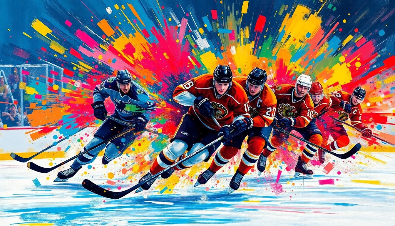 An abstract, energetic painting with vibrant brushstrokes of neon blue, green, and red, capturing the dynamic movement and intensity of a hockey game.