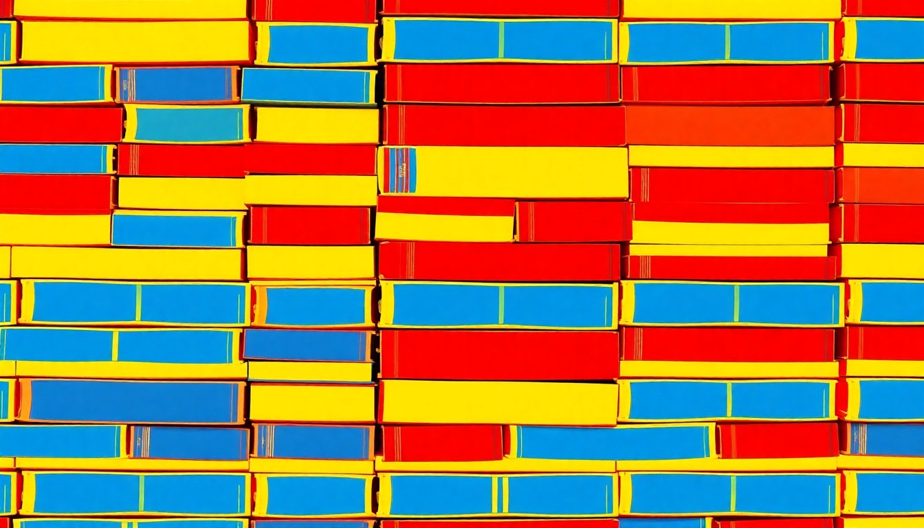 A vibrant, abstract grid of colorful book covers in a pop art style, conceptually representing the excitement and anticipation surrounding a renowned author's appearance at a university graduation ceremony.