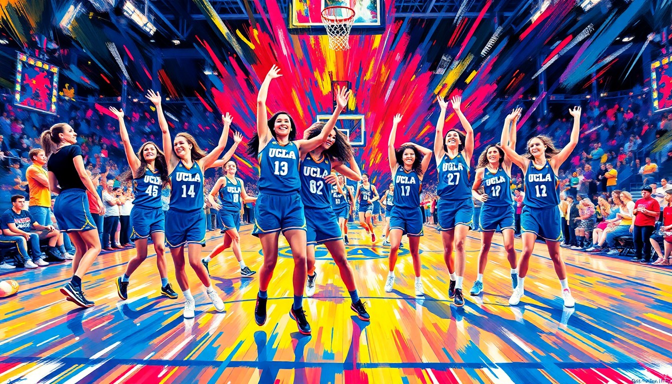 An abstract expressionist painting in vibrant neon colors, capturing the dynamic movements and celebratory energy of a group of basketball players performing a lively dance routine on a basketball court.