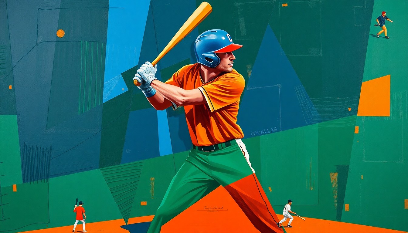 A fragmented, geometric painting depicting a baseball player's batting stance broken down into sharp, angular planes of navy, green, and orange, conveying the challenges of a top prospect's transition to the big leagues.