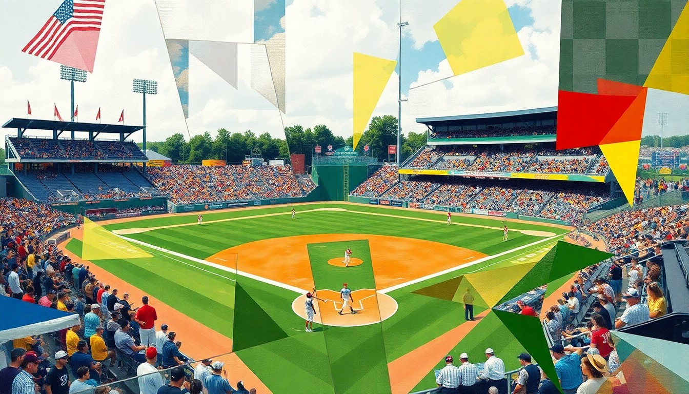 A cubist-style painting featuring fragmented geometric shapes and planes of color, representing the dynamic movements and energy of a high school softball game.