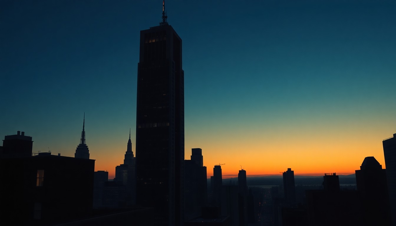 A moody, atmospheric painting of a lone New York City skyscraper at dusk, with warm light and deep shadows creating a sense of solemnity and tension, conceptually representing the legal and political drama surrounding the fraud case against the former president.