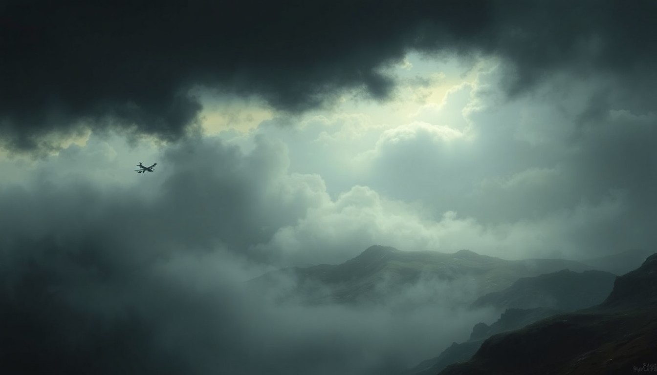 A sweeping, atmospheric landscape painting in muted tones, with a small, indistinct plane wreckage barely visible in the distance, obscured by heavy fog and dramatic lighting, conveying the overwhelming scale and power of the natural environment.