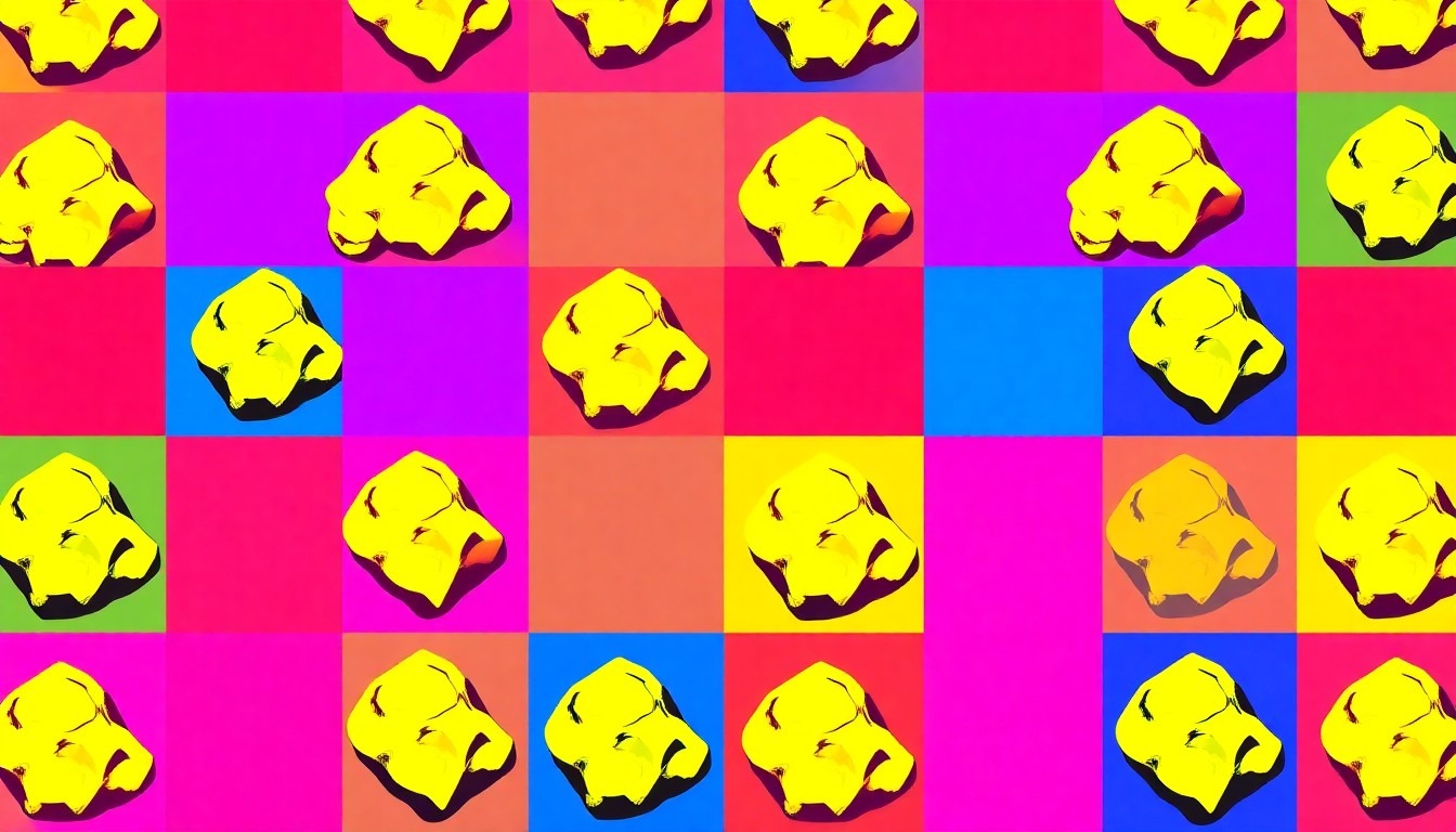 A brightly colored, high-contrast silkscreen print of a single gold nugget repeated in a tight grid pattern, capturing the iconic imagery of prospecting in a modern pop art style.