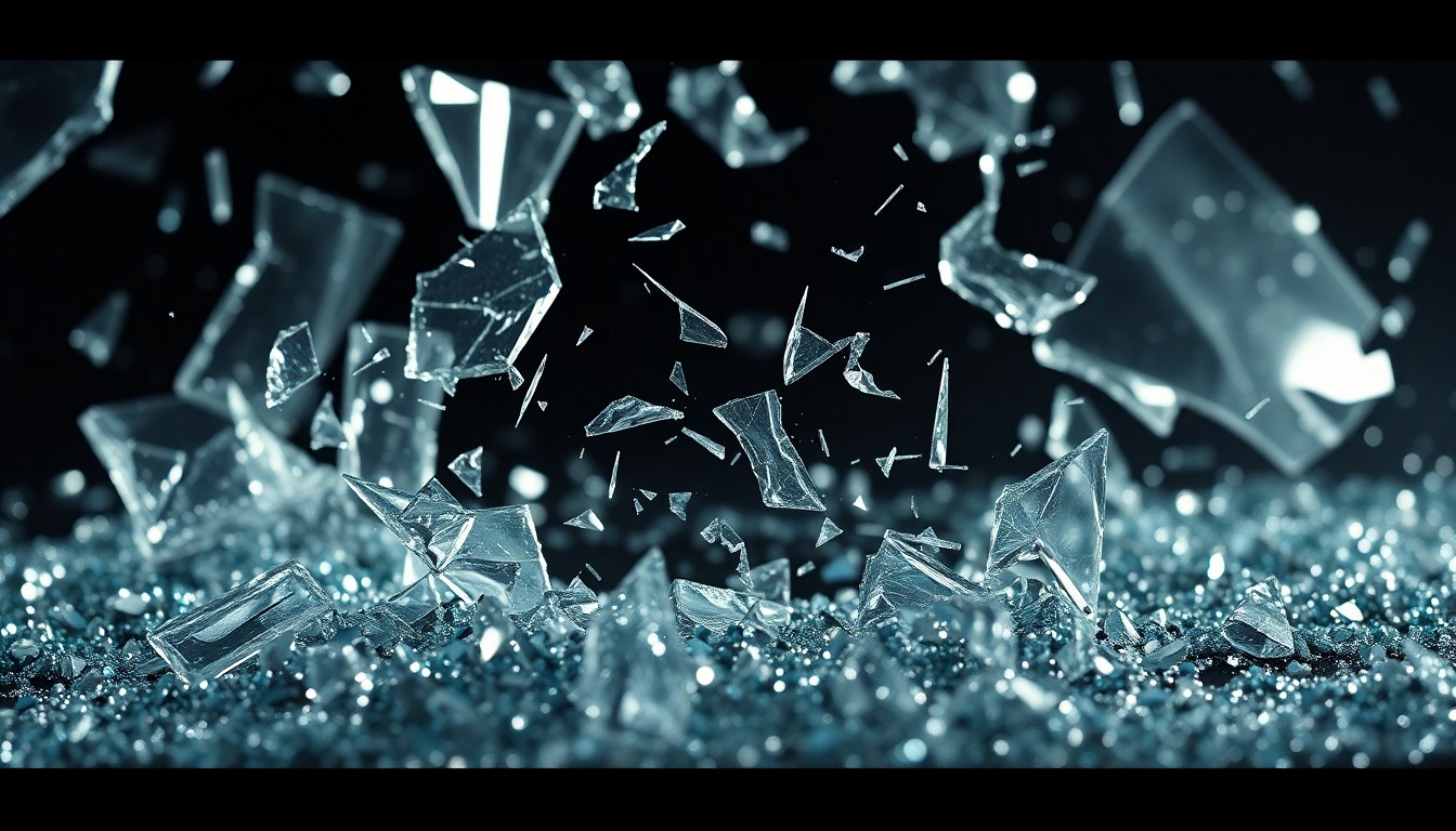 An abstract close-up image of shattered glass and glittering sequins, capturing the glamour and tragedy of the entertainment industry.