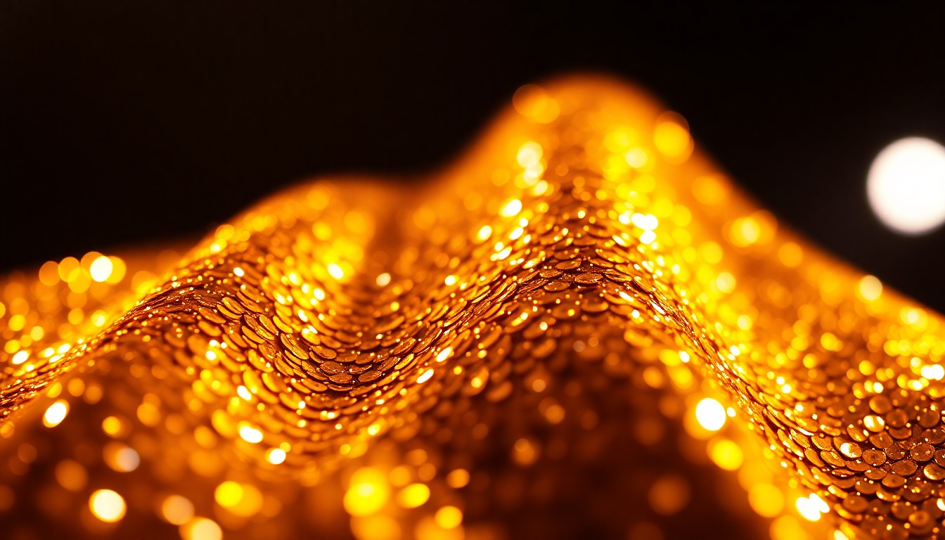 An extreme close-up photograph of shimmering, glittering gold sequins in dramatic high-contrast studio lighting, evoking the glamour and opulence of classic rock music.