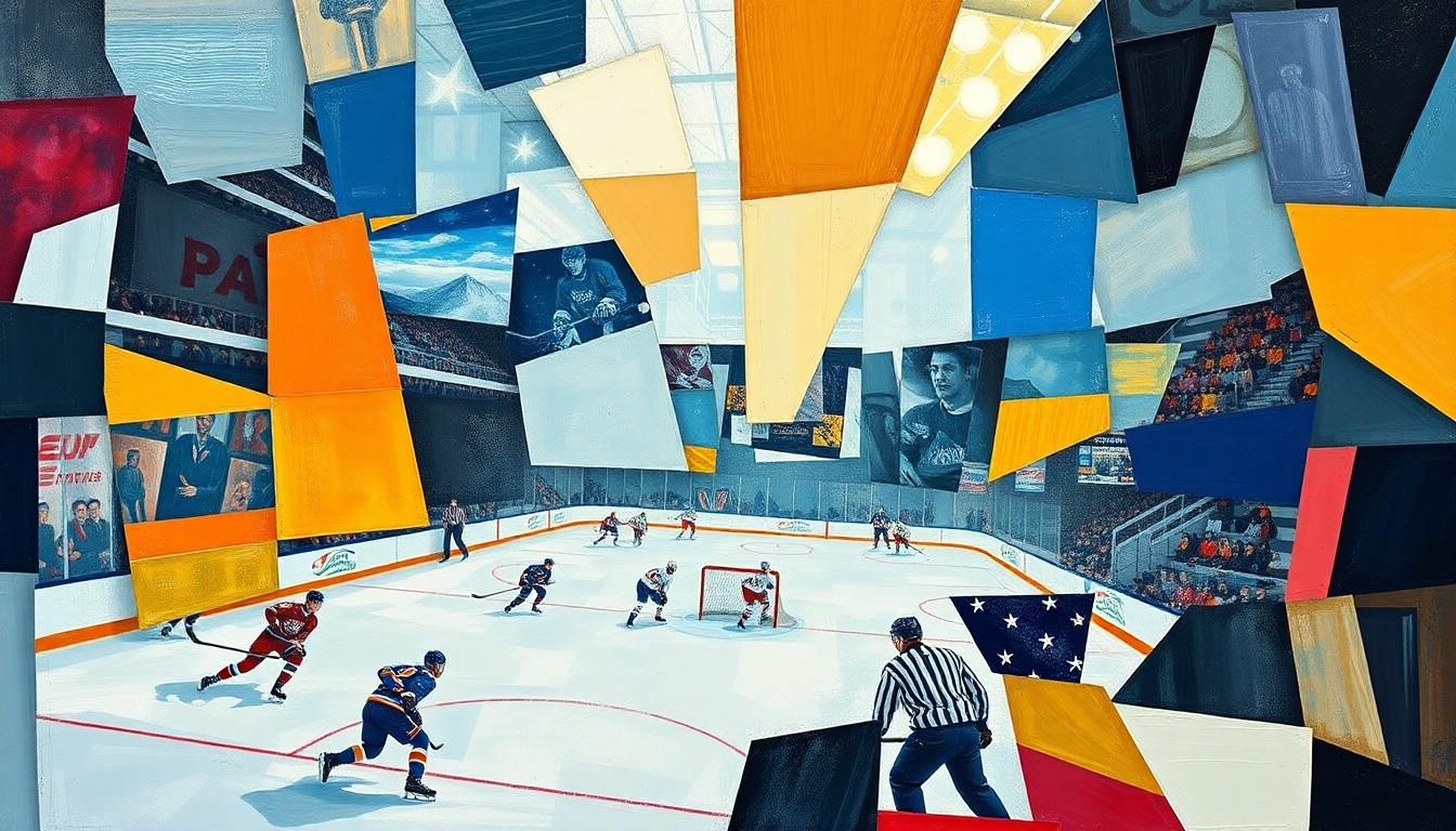 A cubist, geometric painting depicting a hockey game or match, with the players and action broken down into sharp, overlapping planes of color and shape, capturing the dynamic nature of the sport.