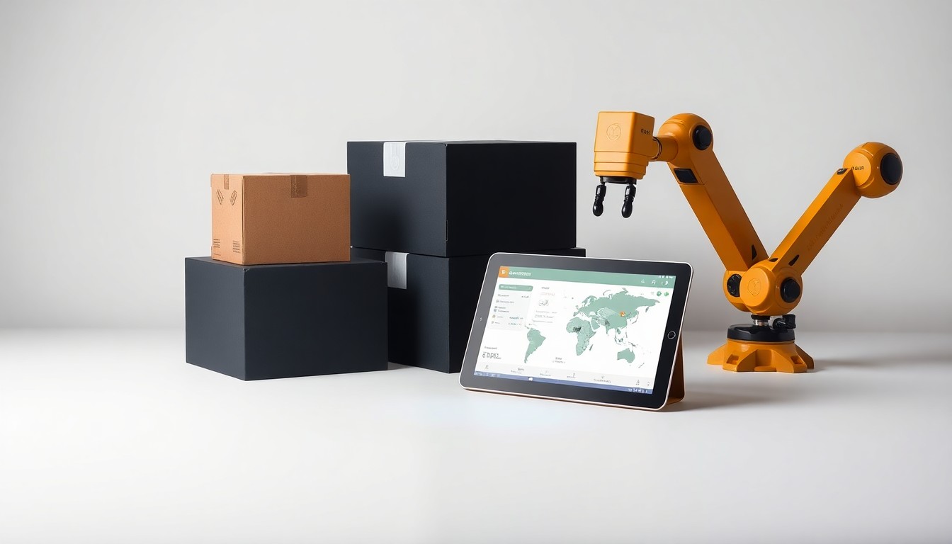 A high-end, photorealistic studio still-life photograph featuring a stack of premium black shipping boxes, a tablet displaying a delivery tracking map, and a pair of robotic mechanical arms on a clean white background, conceptually representing GOFO's focus on automation, network intelligence, and reliable delivery.