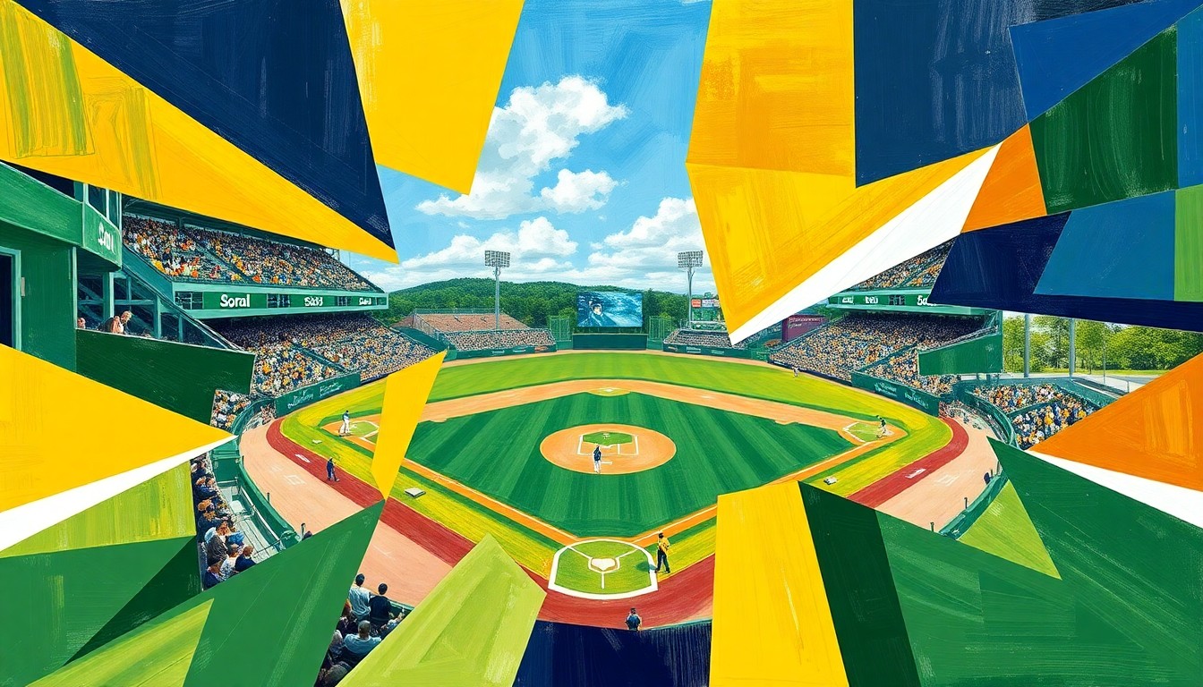 A fragmented, geometric painting depicting the motion and energy of a college baseball game, with the contrasting team colors of Jamestown and Bemidji State creating a visually striking composition.