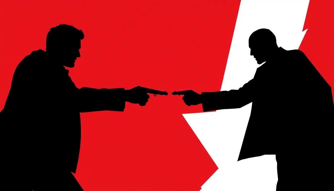 An abstract, minimalist illustration featuring stark black silhouettes of two men engaged in a confrontation, with bold geometric shapes and high-contrast colors evoking a sense of danger and conflict.