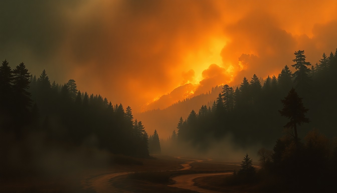 A vast, atmospheric landscape painting in muted earth tones, with a glowing orange fire burning in the distance and thick smoke obscuring the details of the forest.