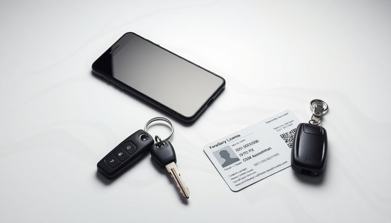 A minimalist studio still life featuring a smartphone, car keys, and a temporary driver's license on a clean white background, conceptually representing the challenges faced by rideshare drivers when their accounts are wrongly deactivated.