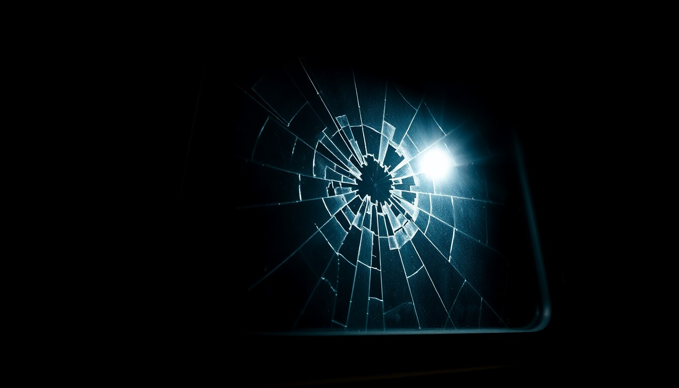 An extreme close-up photograph of a cracked and damaged school bus window, capturing the stark, gritty aftermath of a crash incident.