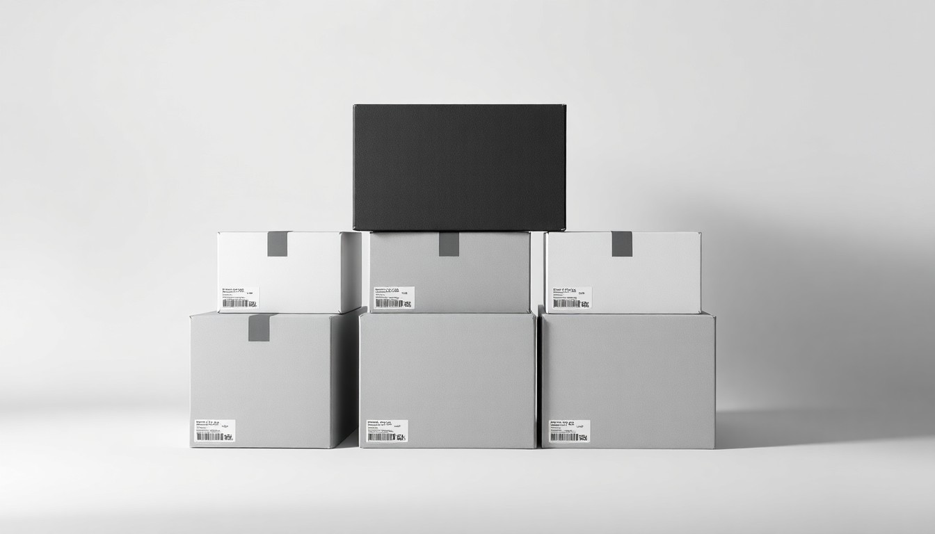 A high-end, photorealistic studio still-life photograph featuring a stack of premium matte black and white shipping boxes, conceptually representing the logistics and freight transportation industry.