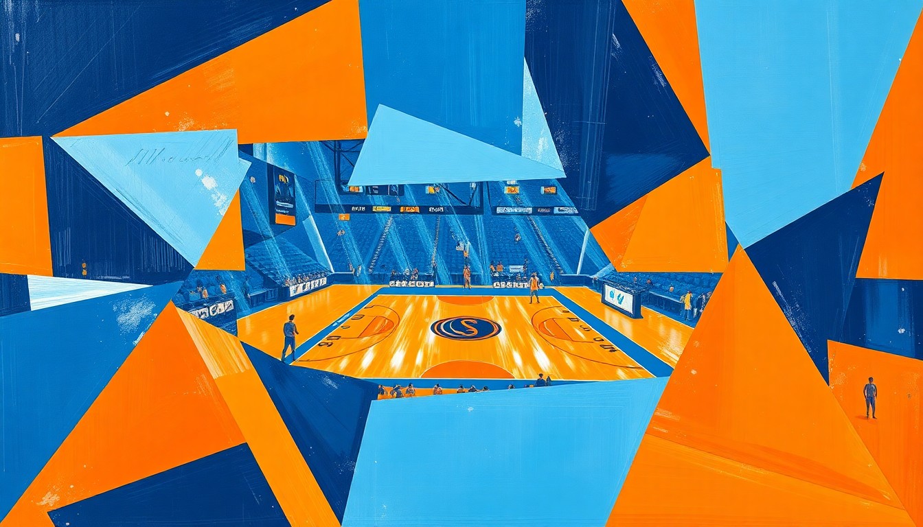 A cubist, geometric painting depicting the dynamic movements and overlapping perspectives of a WNBA basketball game, with sharp planes of navy blue, sky blue, and bright orange.