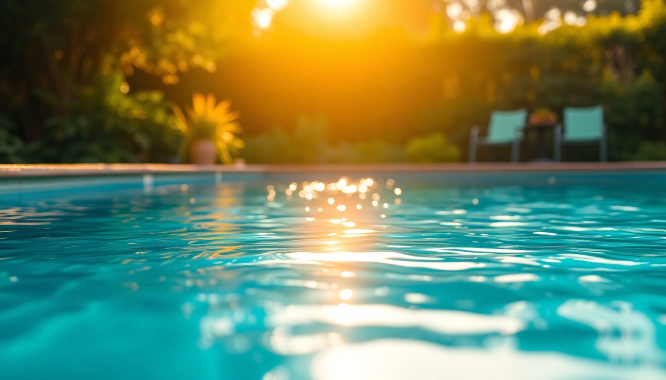 An extremely abstracted, out-of-focus photograph of a backyard swimming pool surrounded by blurred greenery, with the pool's shimmering water reflecting the warm, golden light of the sun, creating a serene and inviting atmosphere.