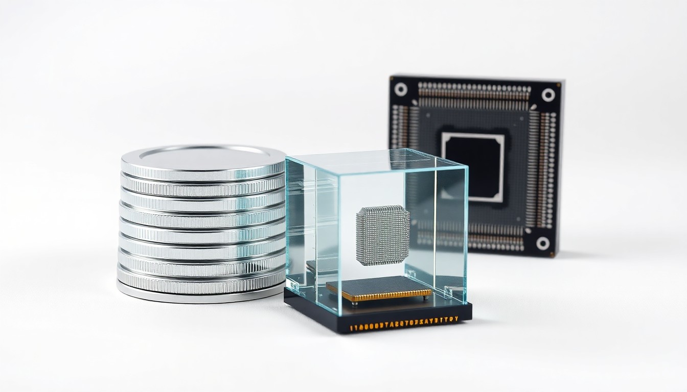 A high-end, photorealistic studio still-life photograph featuring a stack of shiny silver data storage disks, a sleek black AI processor chip, and a transparent glass data visualization cube, conceptually representing Datavault AI's core data monetization technologies.