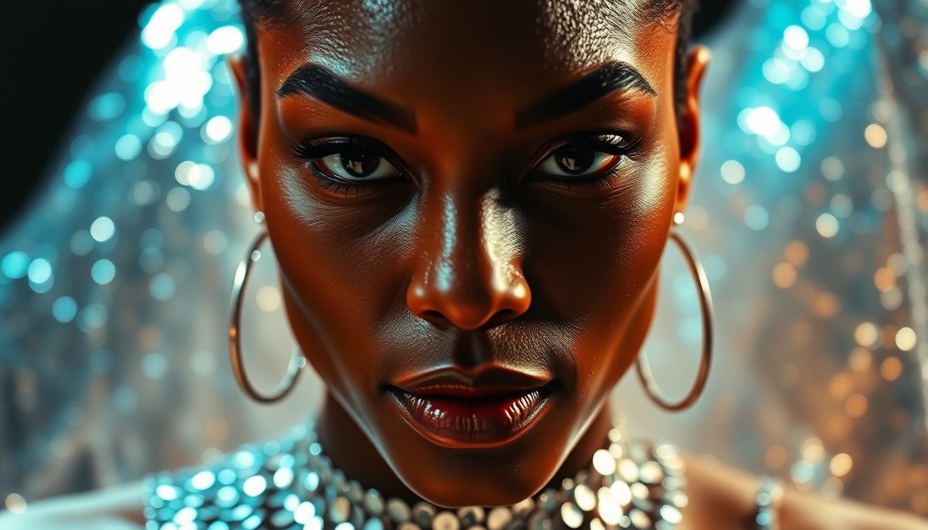 An abstract, high-contrast close-up photograph of shimmering metallic sequins, conceptually representing the glamour and star power of a female athlete featured in a high-profile magazine spread.