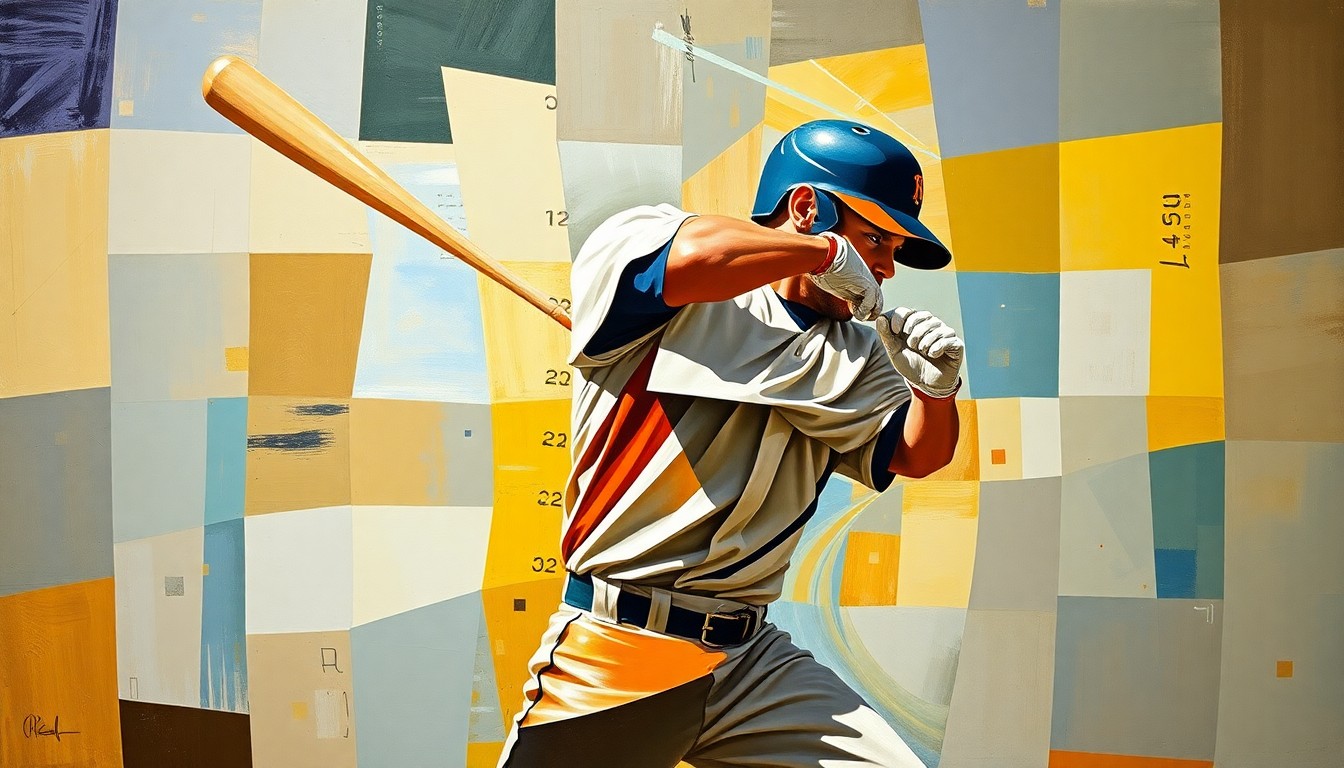 A fragmented, geometric painting depicting the complex movements and angles of a baseball player's swing, conveying the frustration of an underperforming hitter.