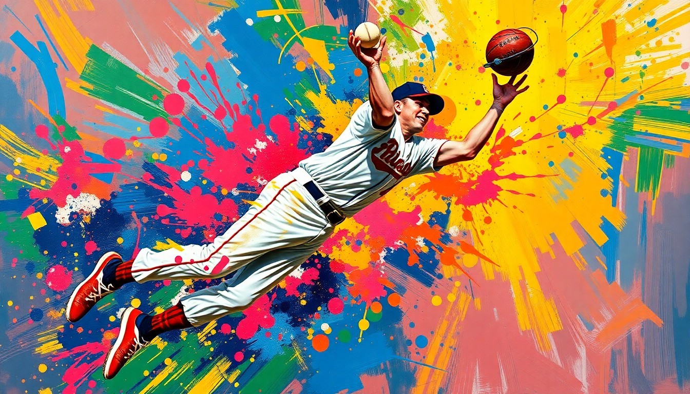 An extreme close-up of a baseball outfielder mid-leap, arms outstretched, surrounded by a burst of neon-colored brushstrokes that capture the raw athleticism of the moment.