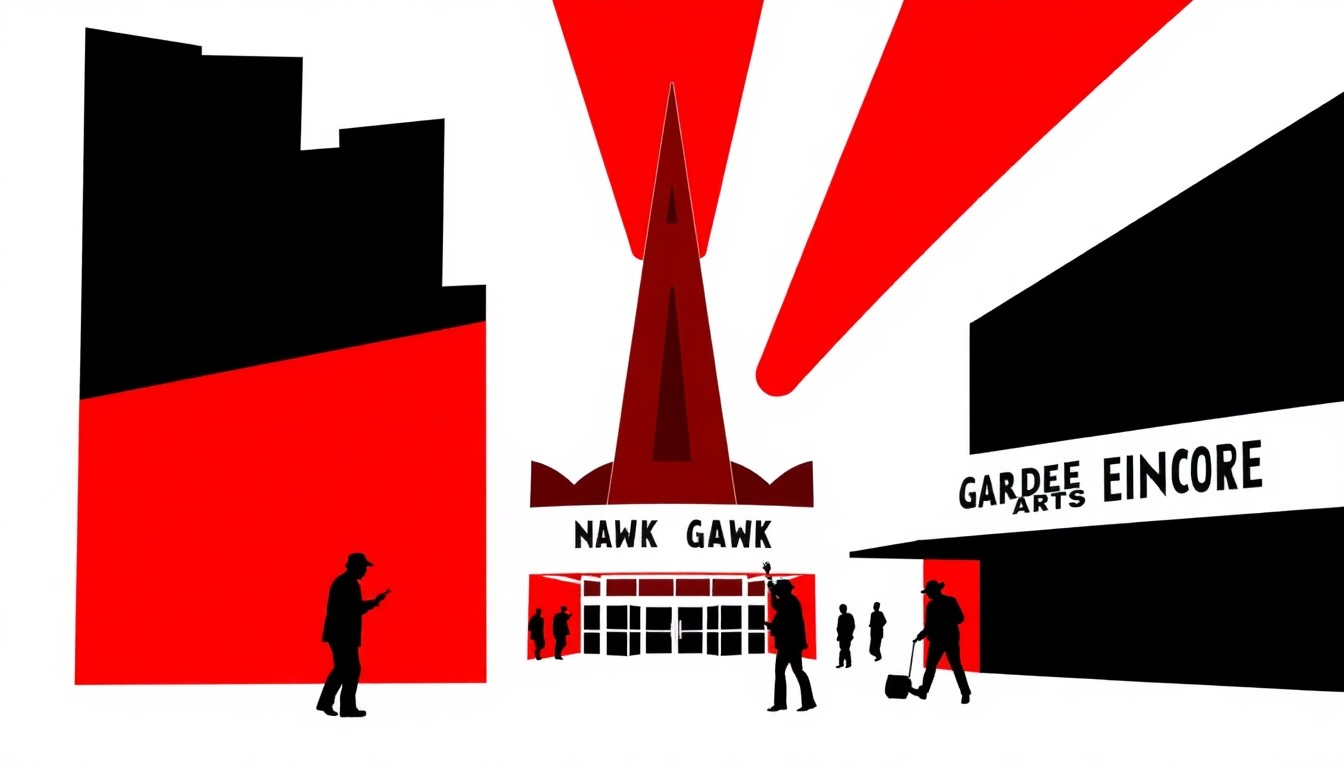 A striking black silhouette of a guitar and microphone against a bold red background, conceptually representing the musical legacy of Graham Nash and the energy of his upcoming concert at the Garde Arts Center.