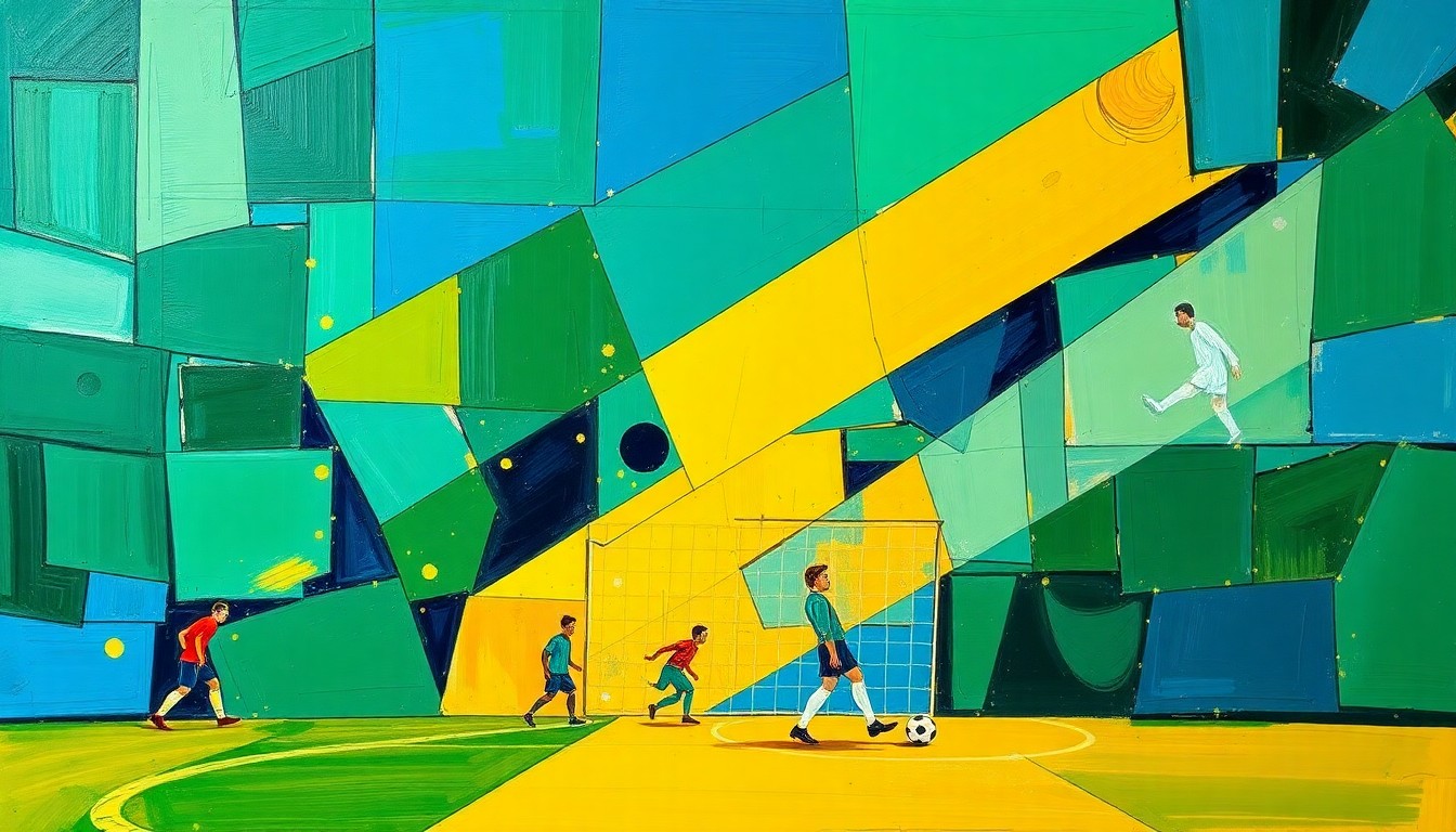 A cubist, geometric painting depicting a soccer match or training session, with sharp, overlapping planes of emerald green, royal blue, and golden yellow, capturing the raw energy and movement of the sport.