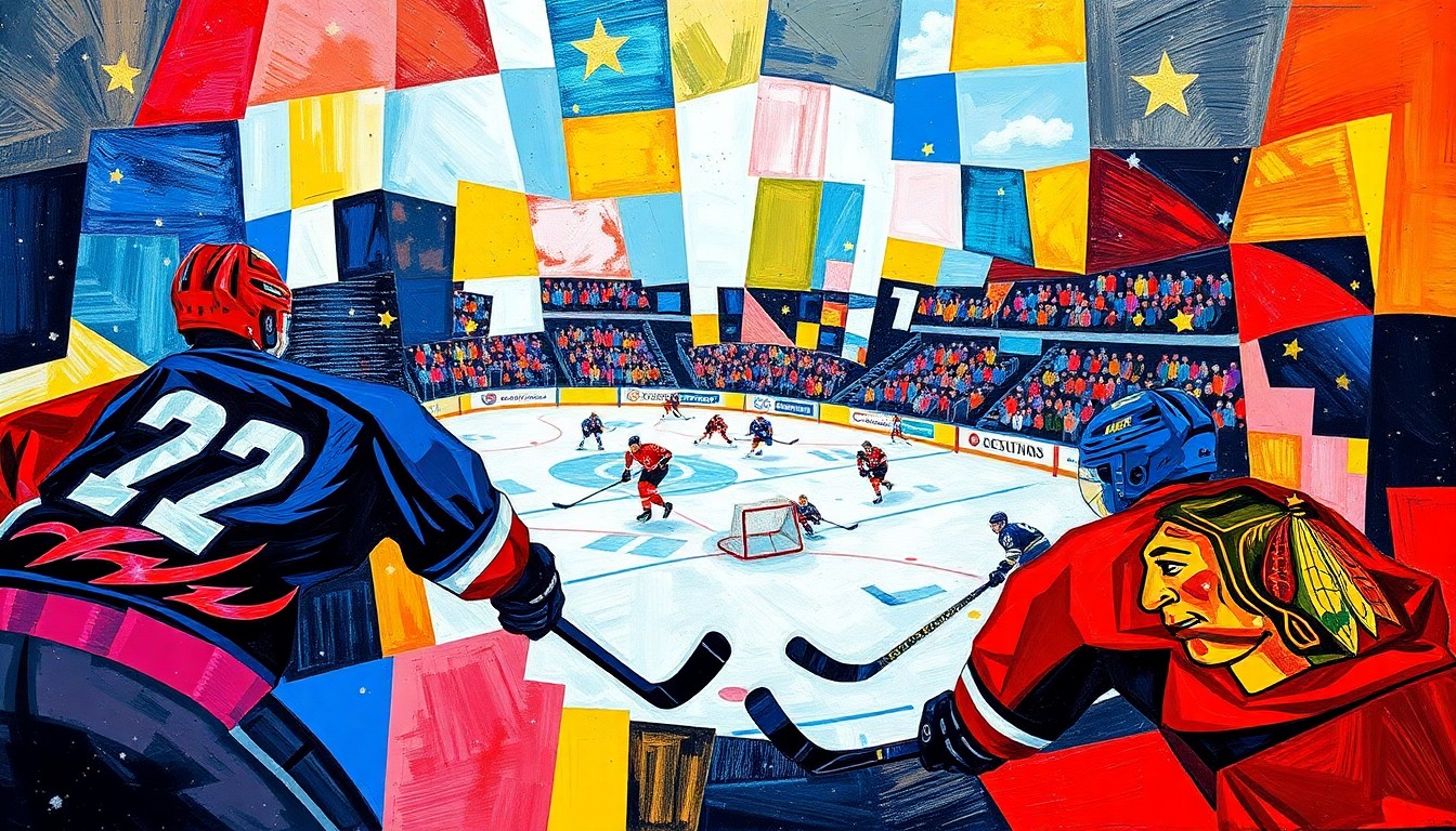 A cubist, geometric painting depicting a hockey game, with sharp, overlapping planes of color representing the players and the action on the ice, conveying the dynamic and competitive nature of the sport.