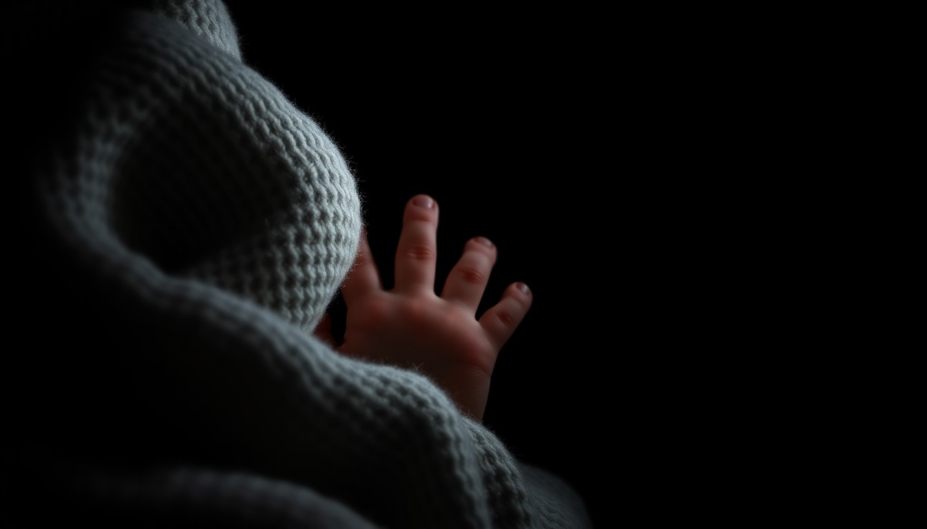 An extreme close-up photograph of a baby's hand partially obscured by a heavy, textured blanket, lit by a harsh, direct camera flash against a pitch-black background, conceptually representing the suffocation of an infant under a weighted blanket.