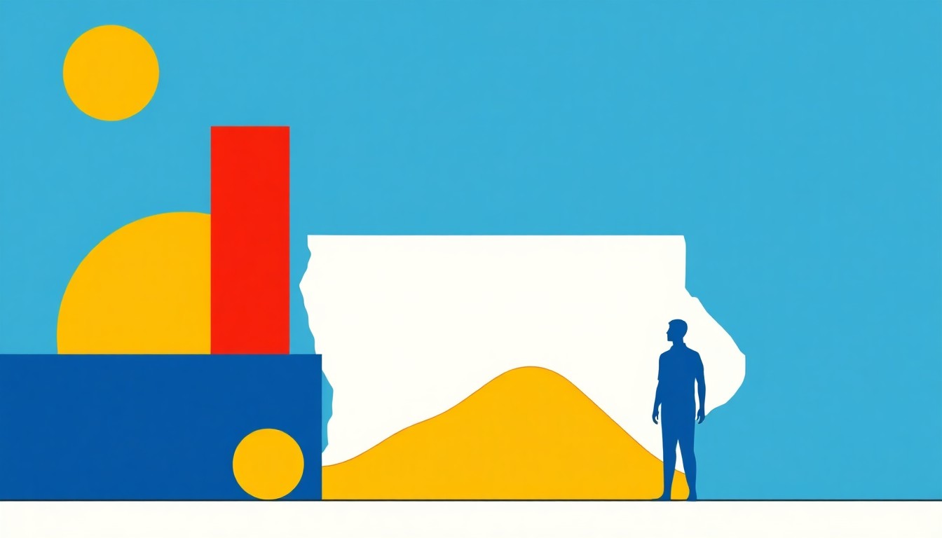 A vibrant abstract composition of intersecting triangles and rectangles in shades of blue, green, and yellow, conceptually representing Iowa's economic data and trends.