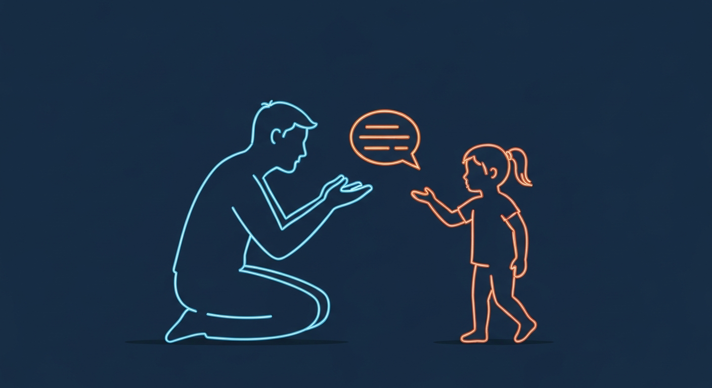 A minimalist, glowing neon outline of two simplified human figures facing each other, conceptually representing the open communication and emotional support at the heart of a mental health seminar.