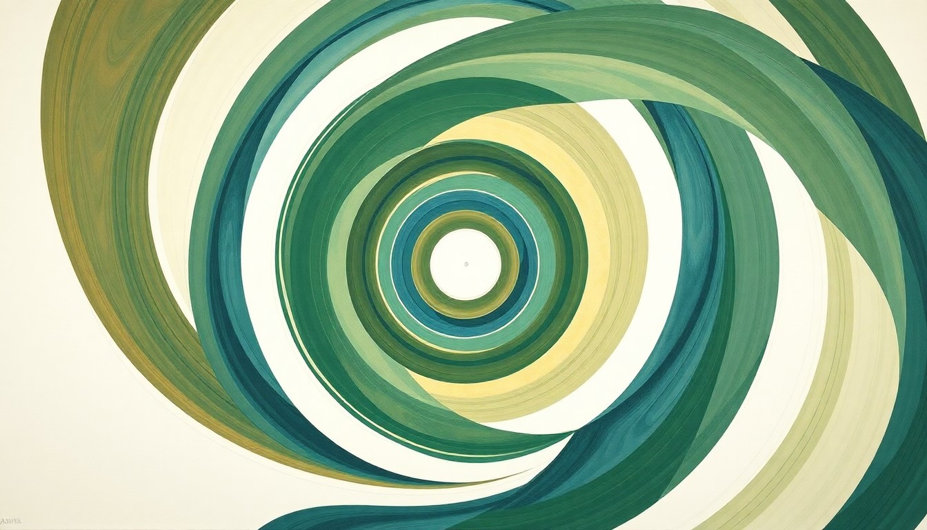 A highly structured abstract painting in soft, earthy tones of green, blue, and brown, featuring sweeping geometric arcs, concentric circular forms, and precise botanical spirals, conceptually representing the complex natural forces and ecosystems of the Charles River as its advocates push to remove defunct dams.