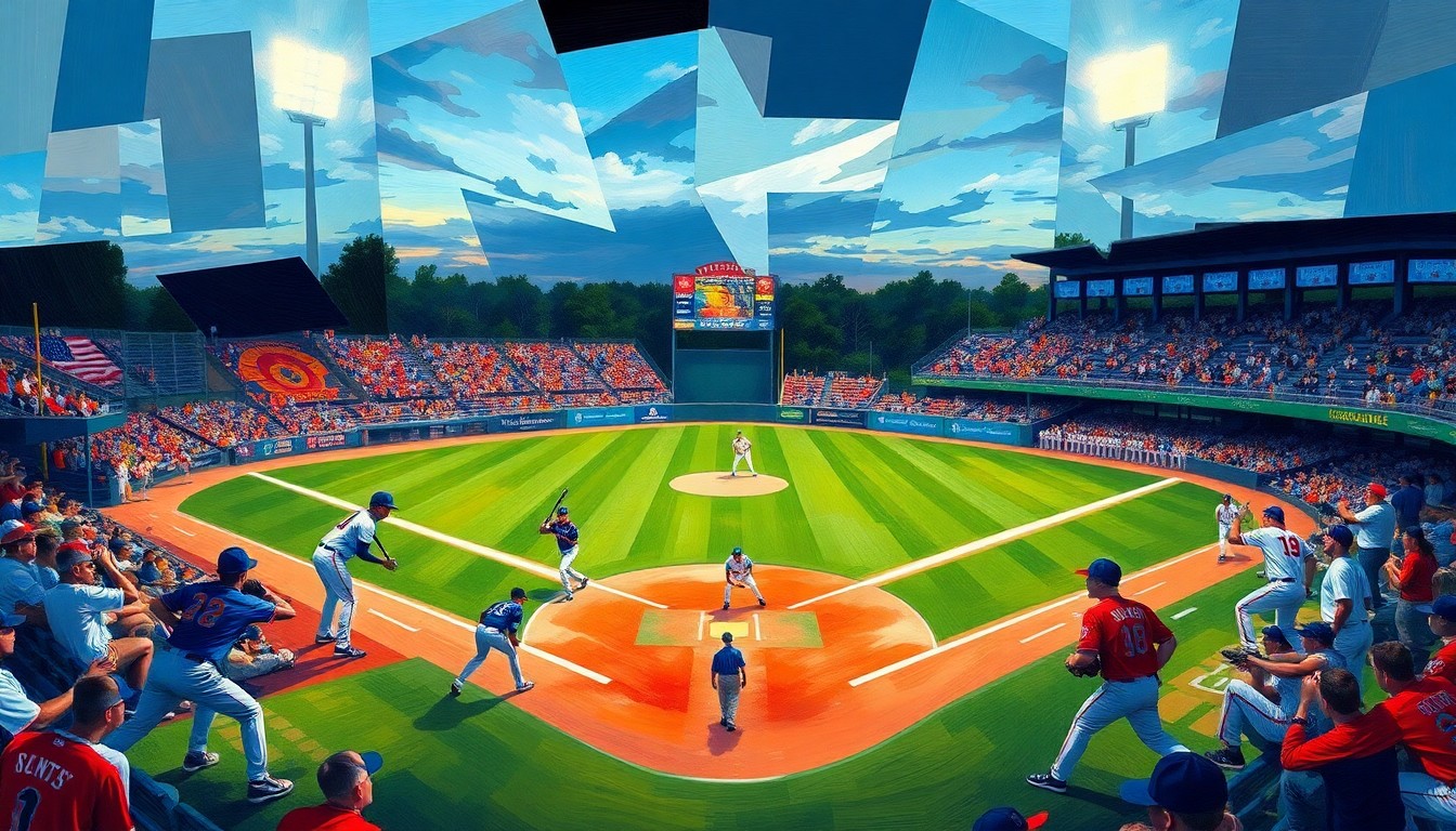A fragmented, geometric painting depicting the dynamic movements and competition of a high school baseball game, with sharp planes of color representing the players, equipment, and field.