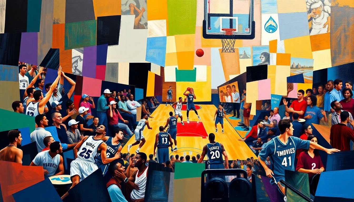 A fractured, multi-perspective painting in bold, vibrant colors representing the action and energy of a basketball game, with sharp, overlapping geometric shapes and planes.