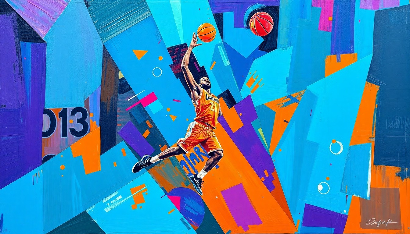 A cubist, geometric painting depicting the dynamic motion of a basketball player driving to the hoop, with sharp, overlapping planes of bright blue, orange, and purple creating a sense of fragmented energy and movement.