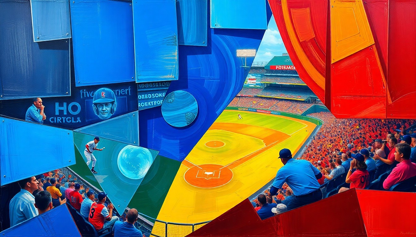 A fractured, cubist-style painting depicting the dynamic action of a baseball game, with players and the field broken down into overlapping geometric shapes and planes of vibrant colors.