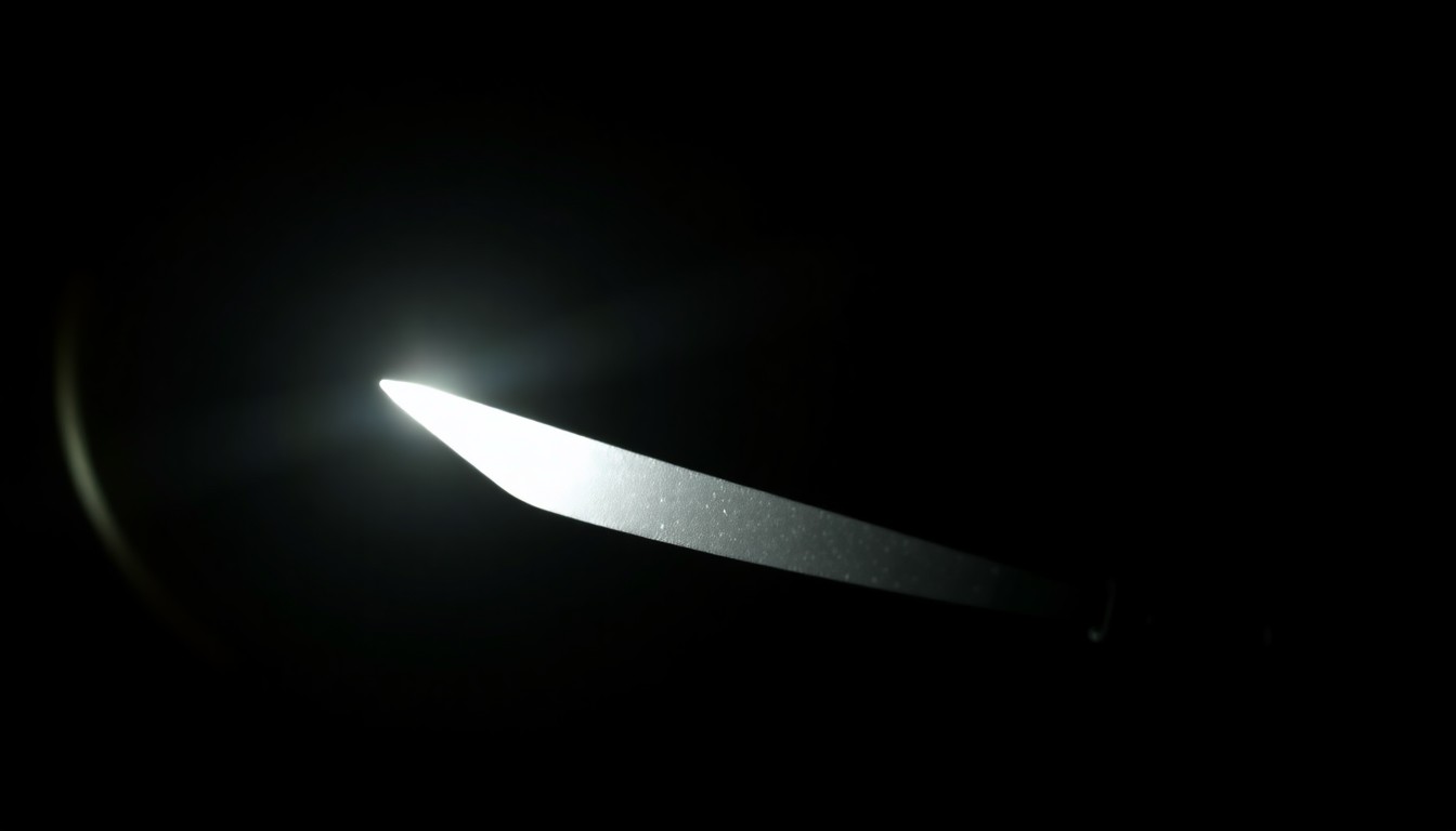 An extreme close-up of a sharp metal object, such as a shiv or makeshift weapon, lit by a harsh, direct camera flash against a pitch-black background, conveying a stark, gritty, and investigative aesthetic.
