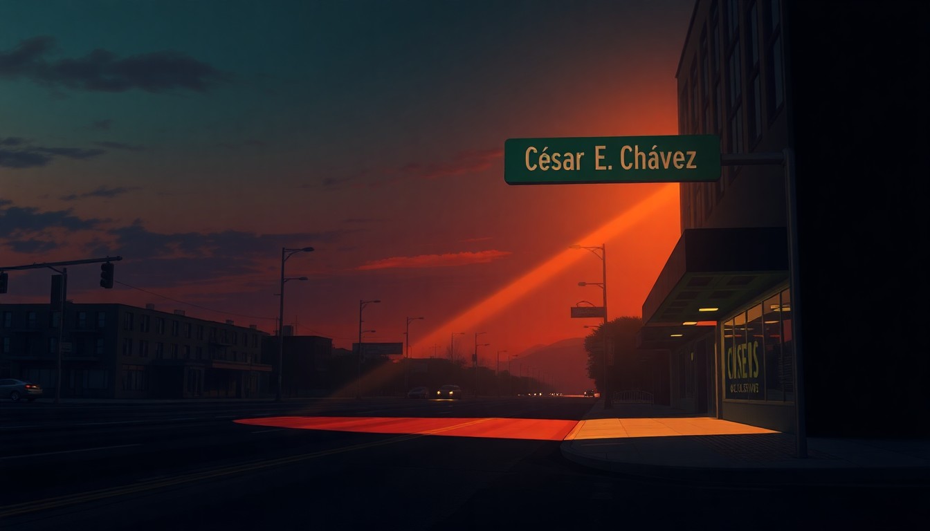 A serene, cinematic painting of an empty city street at dusk, with a lone street sign for 'César E. Chávez Boulevard' standing solitary under warm, diagonal sunlight, conceptually representing the contemplative mood of the community discussion over the street's future.