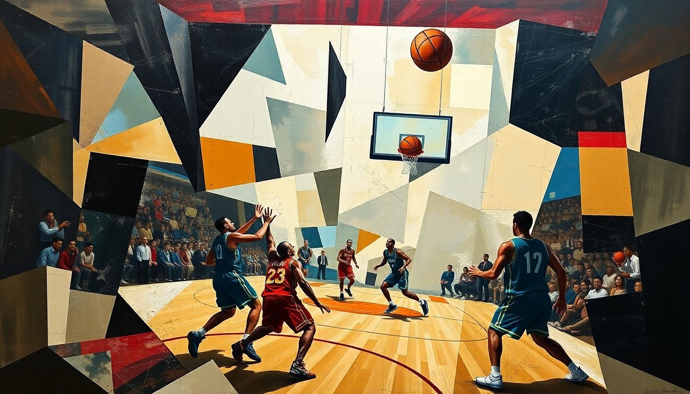 A fragmented, geometric painting depicting the dynamic movements and plays of a basketball game, with players and the ball represented through sharp, overlapping shapes and planes.