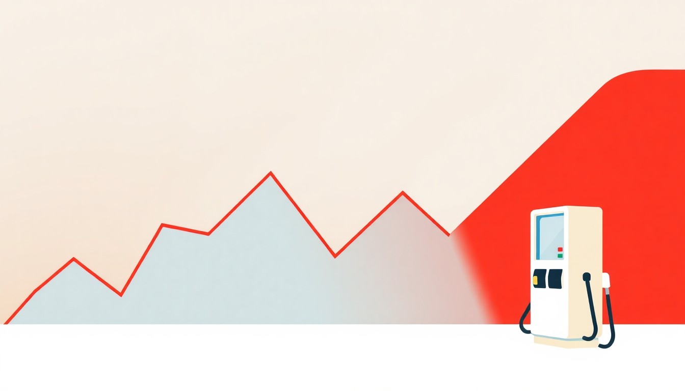 A geometric abstract illustration composed of overlapping triangles and rectangles in shades of blue, red, and yellow, conceptually representing the complex factors influencing gasoline prices and energy production in California.