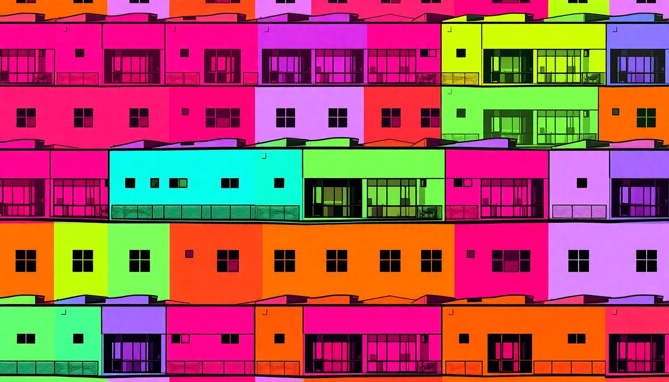 A highly stylized, abstract illustration featuring a repeated pattern of a community recreation center building in a grid, rendered in a bold, neon color palette and high-contrast black outlines, conveying the energy and transformation of repurposed public spaces.