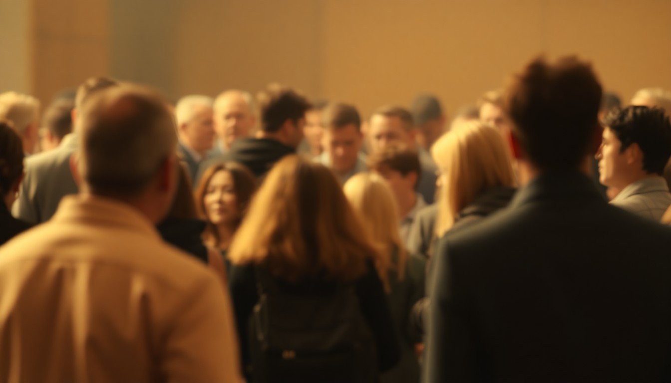 A softly blurred, out-of-focus photograph in warm, muted tones depicting a group of people gathered together, their faces indistinct but their body language and energy conveying a sense of community, connection, and shared mourning.