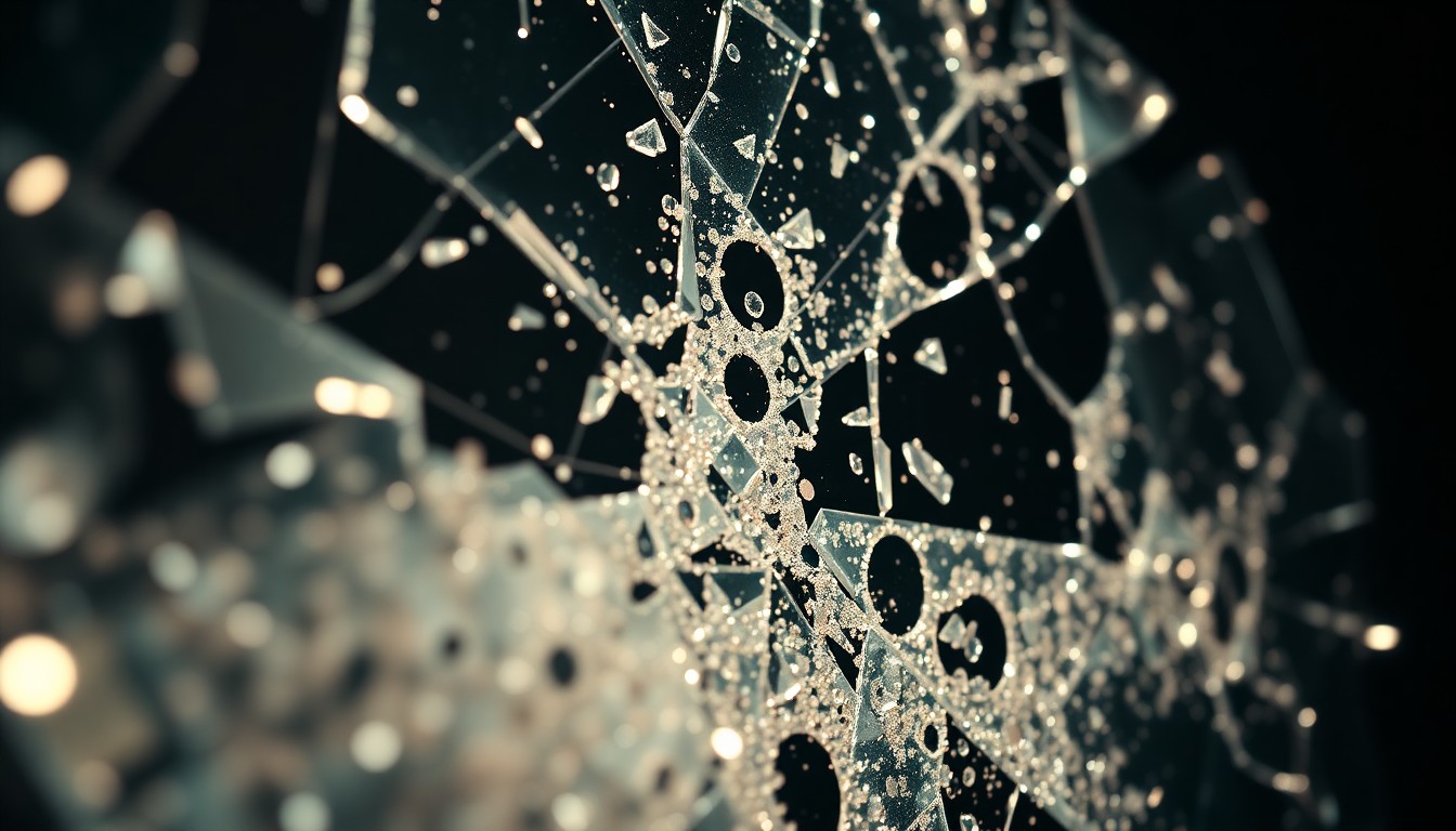 An abstract close-up photograph featuring shards of reflective glass and sparkling sequins, capturing the glamorous and suspenseful tone of the Netflix thriller series.