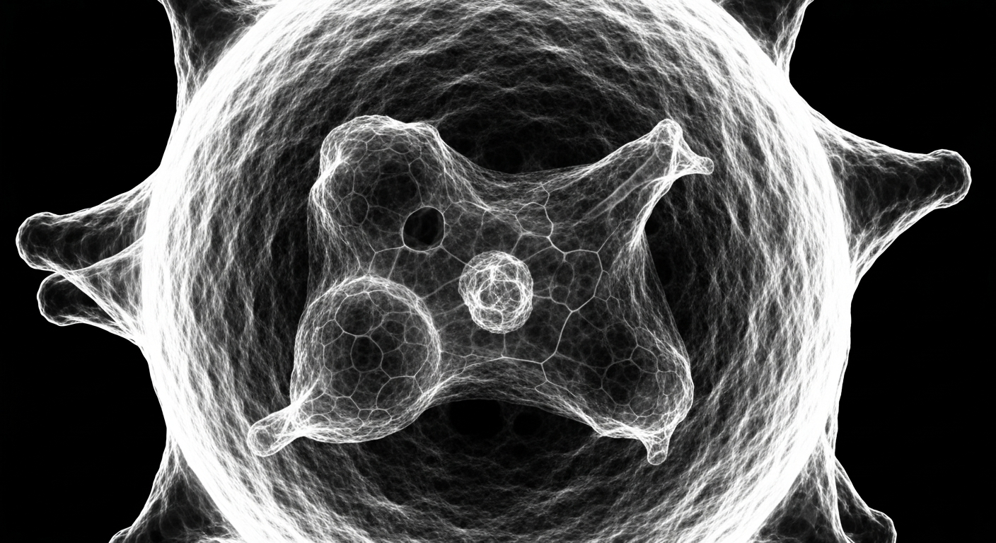 A highly detailed, translucent X-ray photograph of a measles virus particle, its internal structures glowing against a dark background, conveying the clinical nature of this health concern.