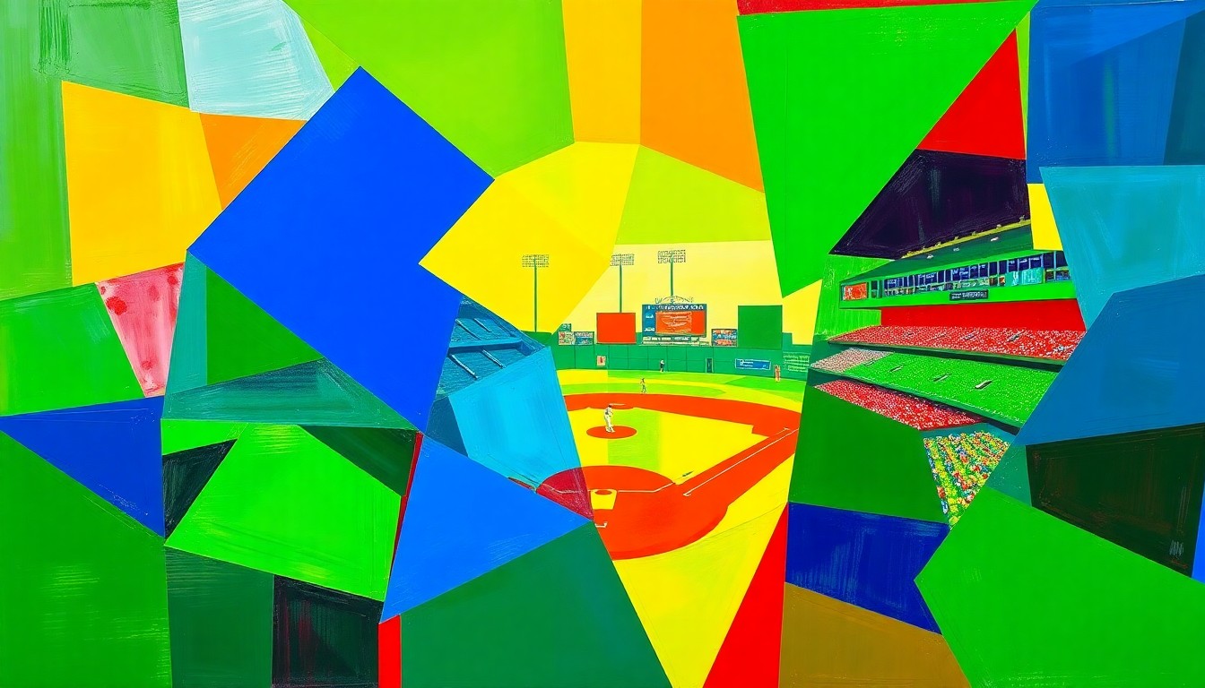 A cubist-style painting featuring overlapping geometric shapes and planes of bright green, blue, and red, conceptually representing the energy and action of a high school baseball game.