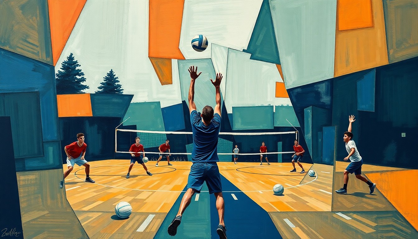 A fragmented, geometric painting depicting the dynamic movements and perspectives of a high school boys volleyball game, with sharp planes of navy, green, and orange.