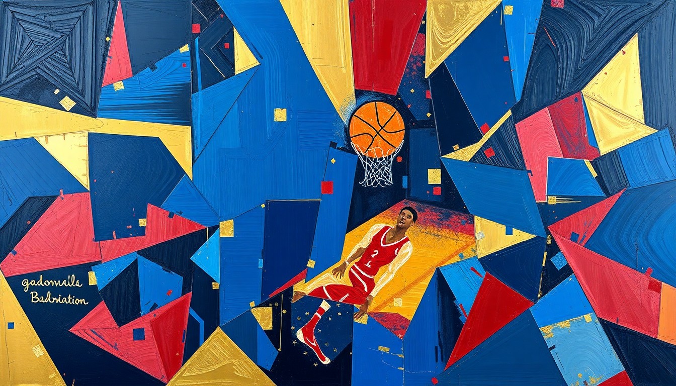 A cubist, geometric painting depicting the dynamic movements and energy of a basketball game, with overlapping planes of navy, crimson, and gold conveying the intensity of the competition.
